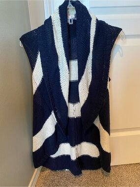 CAbi Navy and White Striped Open-Front Knit Vest